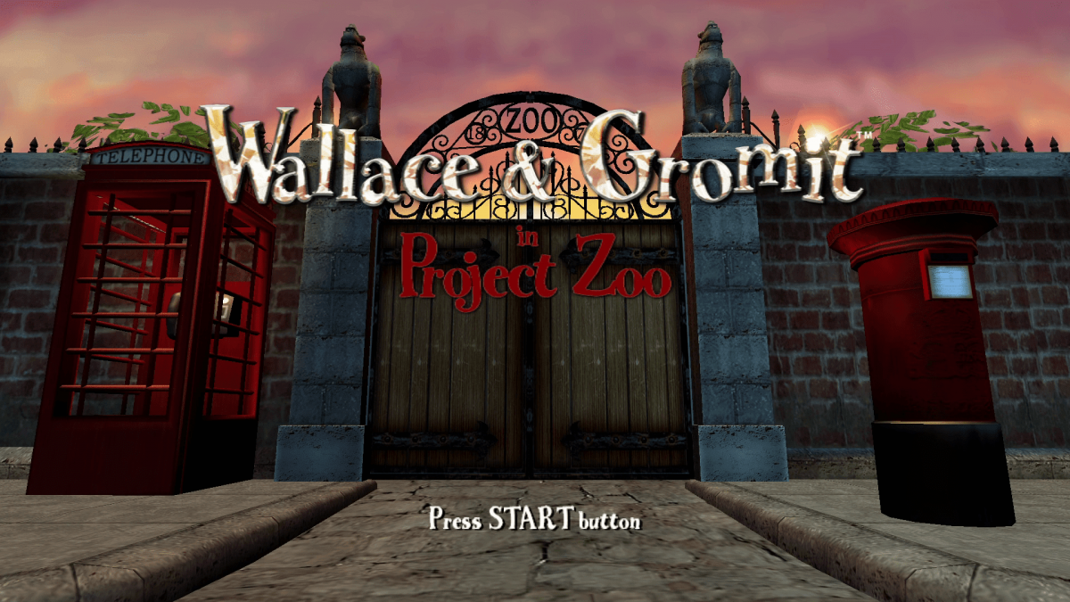 Title screen for Wallace & Gromit in Project Zoo GameCube GC video game, puzzle adventure, family-friendly, cartoon-based gameplay, multiplayer, Nintendo GameCube title