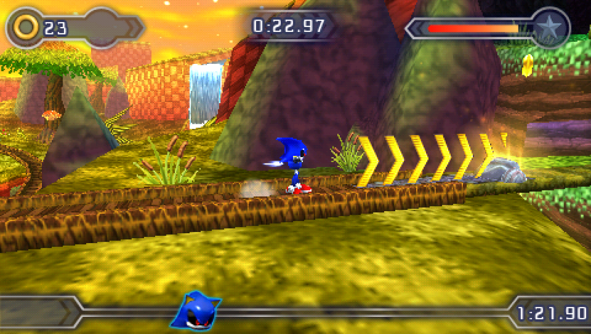 Sonic Rivals 2 PSP Sony PlayStation Portable platform racing game Sonic the Hedgehog SEGA side scrolling speed competition racing battles Knuckles Shadow Sonic characters multiplayer handheld platformer PSP software video game title gameplay  