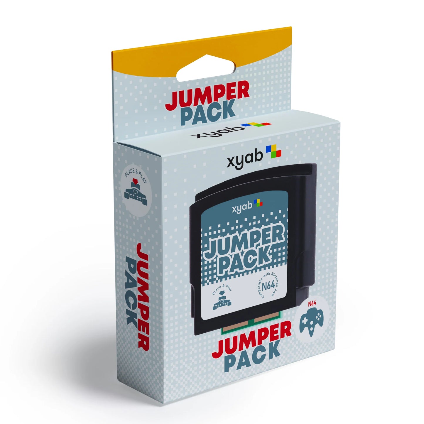 XYAB brand Jumper Pak compatible with Nintendo 64 console used to enable standard gameplay without the Expansion Pak installed