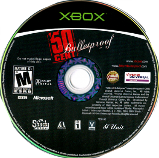 50 Cent: Bulletproof for Xbox (XBOX) at Gamers INC, featuring an intense street-action shooter where you play as 50 Cent in a gritty underworld conspiracy with a high-energy hip-hop soundtrack and arcade-style combat disc