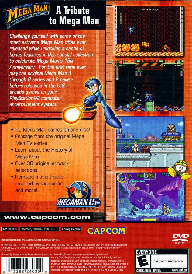 Mega Man Anniversary Collection PlayStation 2 (PS2) back cover art showing classic characters and bold retro graphics.