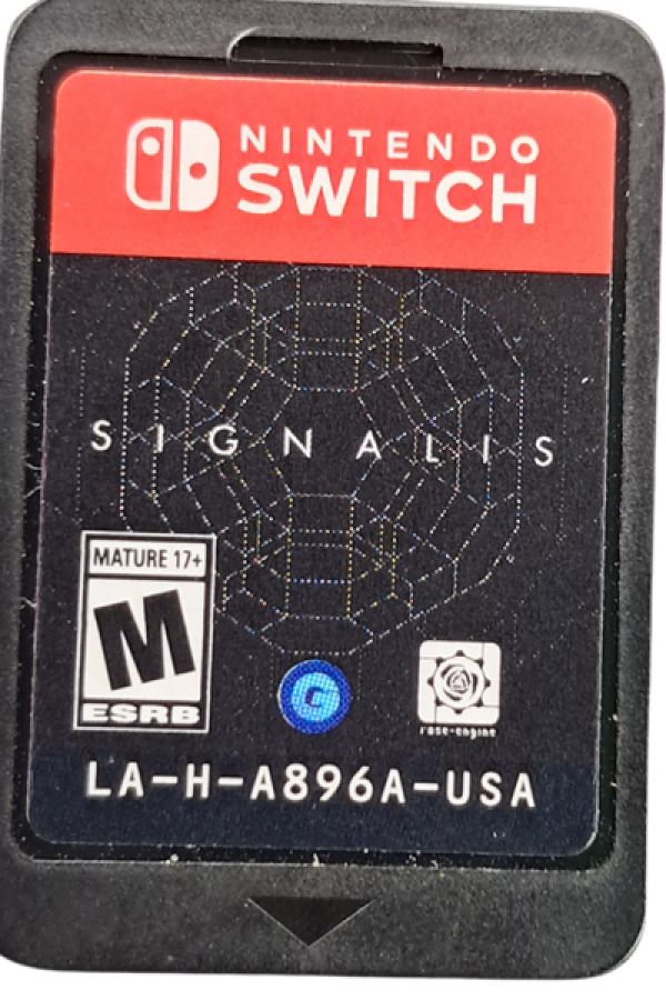 SIGNALIS Nintendo Switch inspired design featuring retro sci fi survival horror aesthetic eerie space station exploration psychological mystery atmospheric tension resource management puzzle solving pixel inspired visuals and haunting cinematic storytelling presentation cartridge