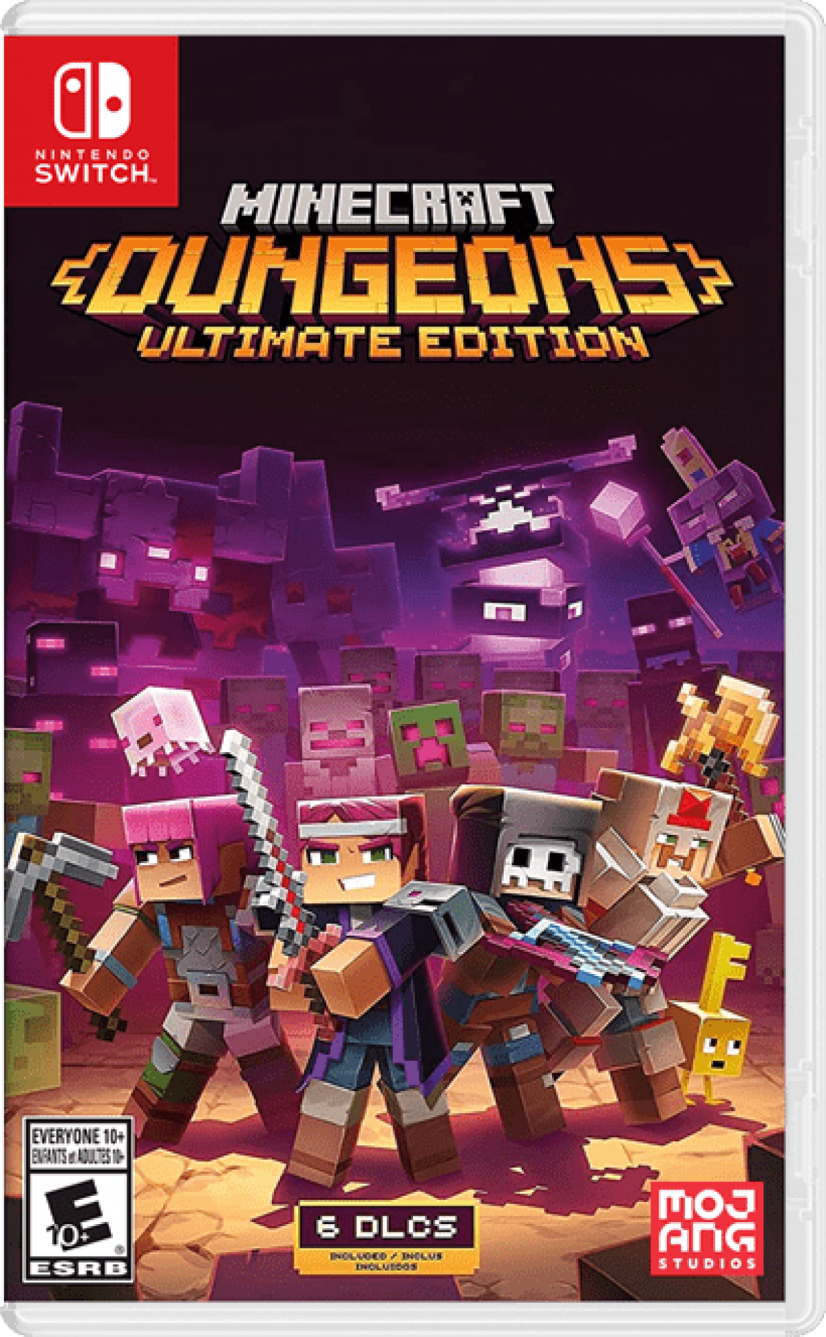 Minecraft Dungeons Ultimate Edition Nintendo Switch NS video game featuring action role playing dungeon crawler gameplay Minecraft inspired environments enemy battles weapon upgrades loot collecting character customization cooperative multiplayer and challenging dungeon adventures cover art