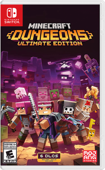 Minecraft Dungeons Ultimate Edition Nintendo Switch NS video game featuring action role playing dungeon crawler gameplay Minecraft inspired environments enemy battles weapon upgrades loot collecting character customization cooperative multiplayer and challenging dungeon adventures cover art