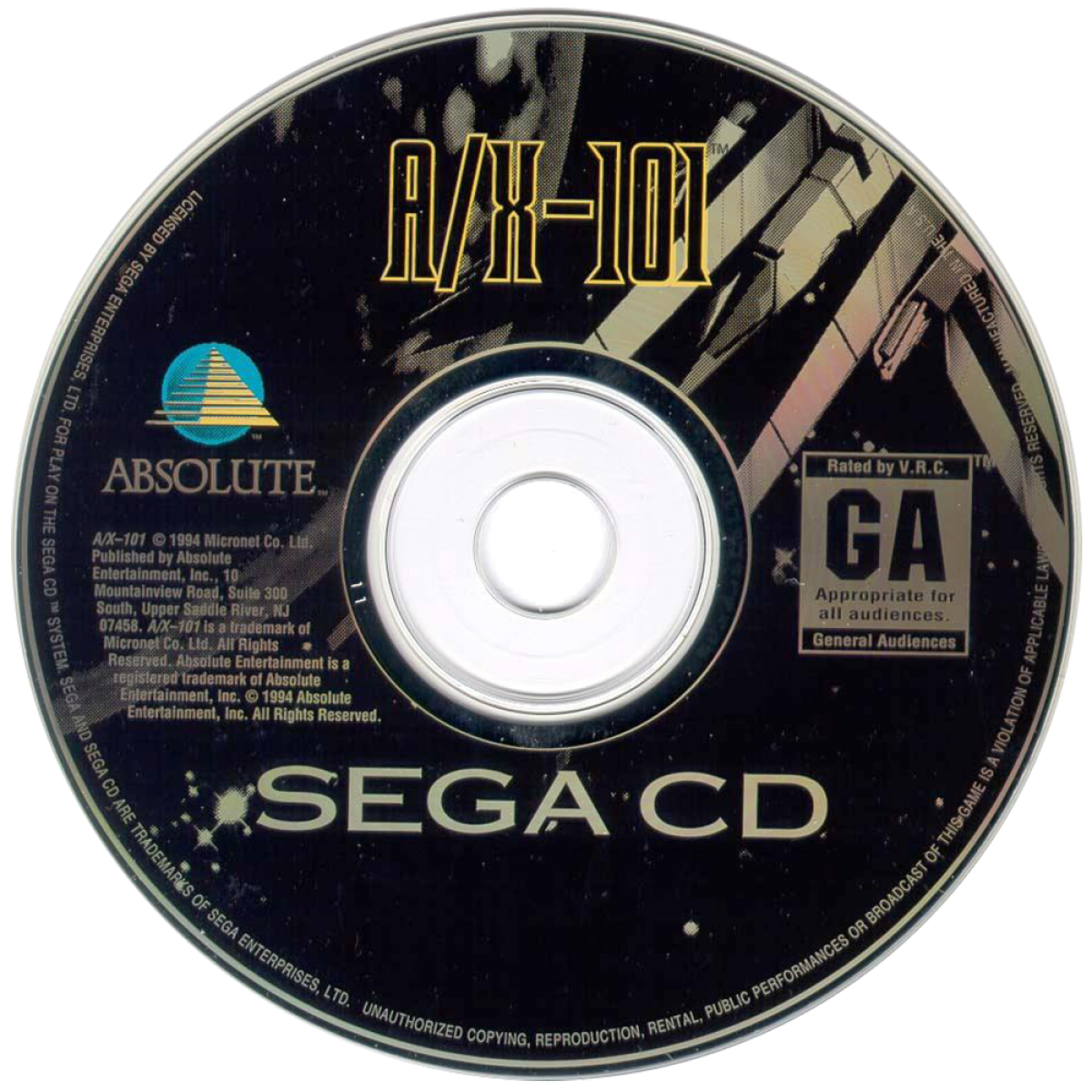 A/X-101 Sega CD full motion video FMV rail shooter sci fi space combat laserdisc style gameplay animated cinematic action spaceship battles futuristic arcade shooting retro gaming Sega CD software video game title disc