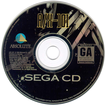 A/X-101 Sega CD full motion video FMV rail shooter sci fi space combat laserdisc style gameplay animated cinematic action spaceship battles futuristic arcade shooting retro gaming Sega CD software video game title disc