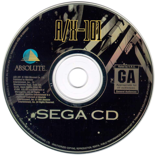 A/X-101 Sega CD full motion video FMV rail shooter sci fi space combat laserdisc style gameplay animated cinematic action spaceship battles futuristic arcade shooting retro gaming Sega CD software video game title disc