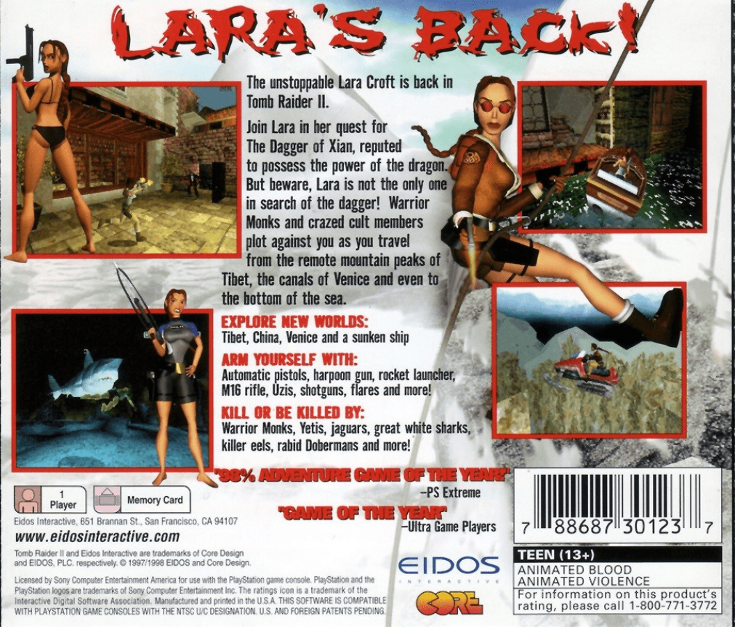 Tomb Raider II back of case for PlayStation 1 (PS1) action-adventure video game