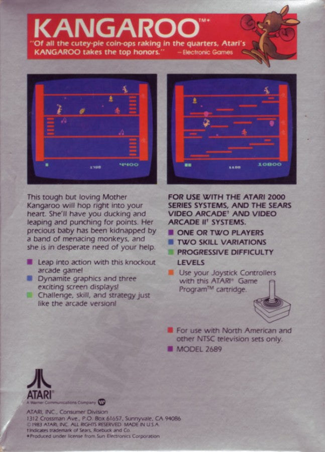 Kangaroo retro Atari 2600 video game featuring arcade platform gameplay, animal themed action, obstacle jumping challenges and classic Atari entertainment - back of case