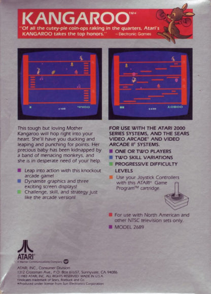 Kangaroo retro Atari 2600 video game featuring arcade platform gameplay, animal themed action, obstacle jumping challenges and classic Atari entertainment - back of case