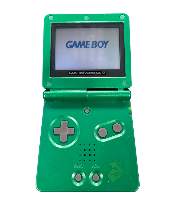 Rayquaza custom shell Game Boy Advance SP handheld console featuring vibrant green Pokémon themed housing detailed legendary dragon artwork and unique modded retro gaming collector design open and turned on display