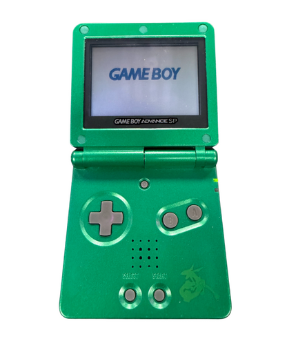Rayquaza custom shell Game Boy Advance SP handheld console featuring vibrant green Pokémon themed housing detailed legendary dragon artwork and unique modded retro gaming collector design open and turned on display
