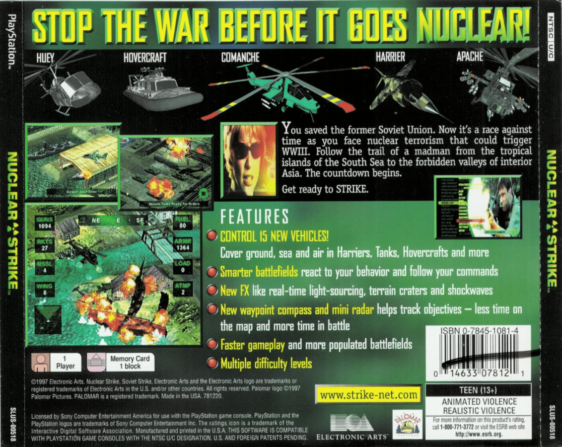 Nuclear Strike PlayStation 1 PS1 helicopter combat action video game Electronic Arts sequel to Soviet Strike mission-based gameplay striking Pacific Rim forces Pacific Theater campaign back cover art 