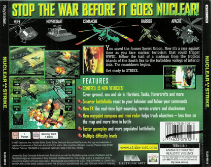 Nuclear Strike PlayStation 1 PS1 helicopter combat action video game Electronic Arts sequel to Soviet Strike mission-based gameplay striking Pacific Rim forces Pacific Theater campaign back cover art 