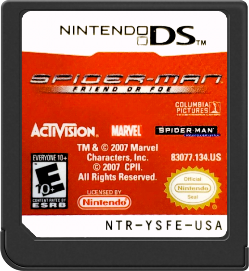 Spider-Man Friend or Foe for Nintendo DS (DS), cartridge for a retro video game featuring action-adventure gameplay, beat-em-up combat, character-based missions, co-op mechanics, and superhero-themed battles