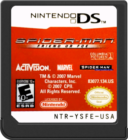 Spider-Man Friend or Foe for Nintendo DS (DS), cartridge for a retro video game featuring action-adventure gameplay, beat-em-up combat, character-based missions, co-op mechanics, and superhero-themed battles