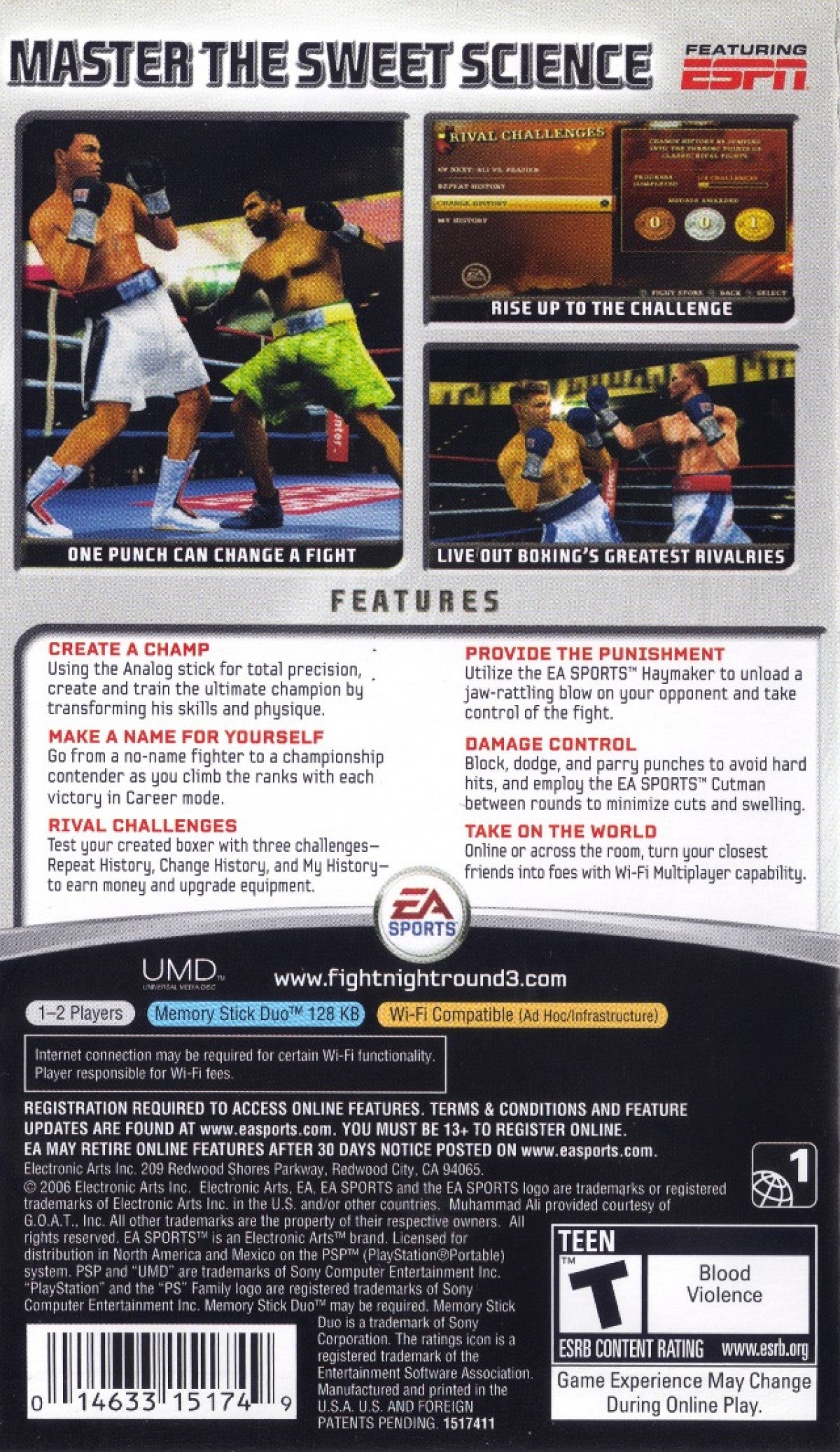 Fight Night Round 3 – PlayStation Portable (PSP) back of case for boxing sports video game