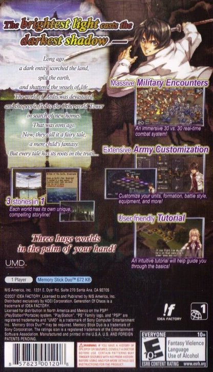 Aedis Eclipse: Generation of Chaos retro PSP video game Aedis Eclipse Generation of Chaos tactical RPG fantasy strategy turn based combat anime style role playing game handheld console release back cover