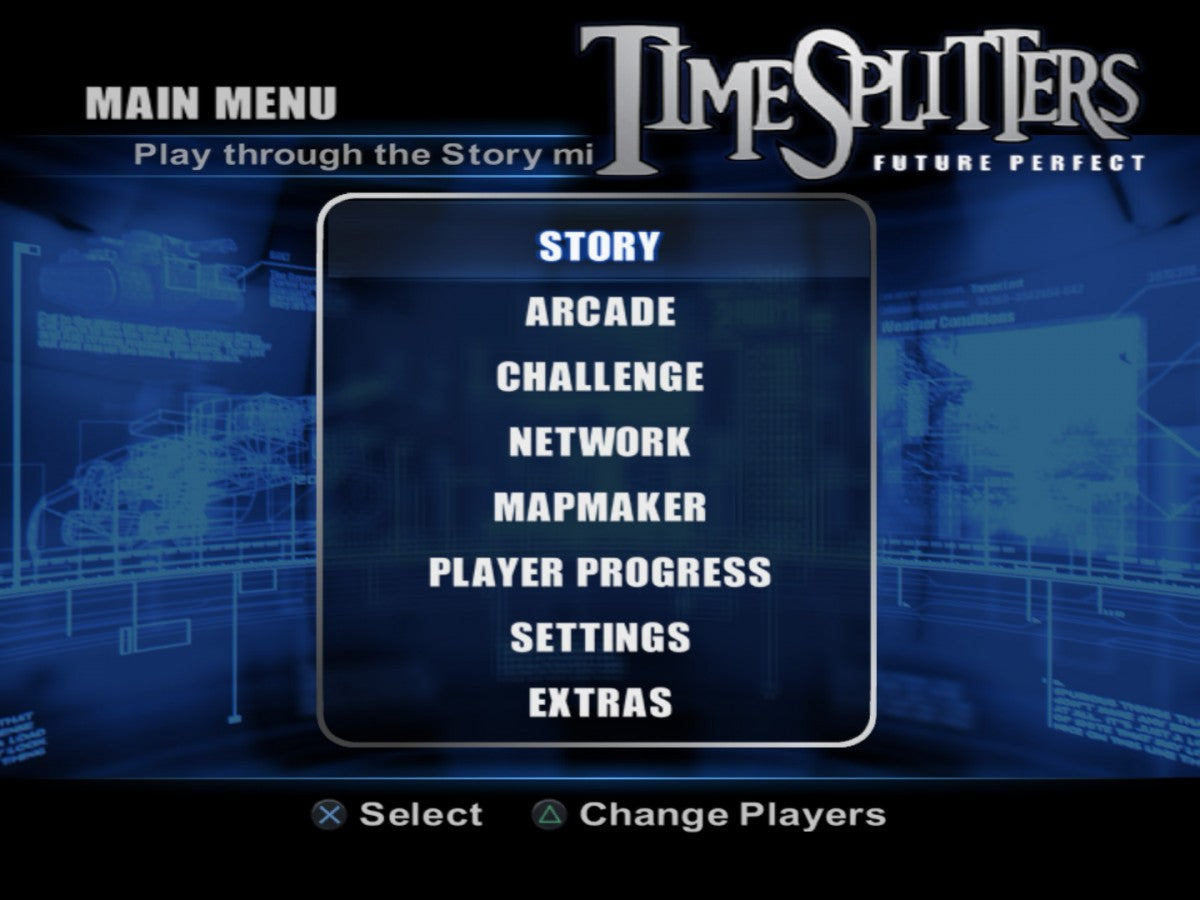 TimeSplitters Future Perfect PlayStation 2 PS2 video game featuring first person shooter gameplay time travel adventure action packed combat enemy battles weapon variety mission based levels multiplayer modes and classic 128 bit PlayStation 2 gameplay retro video game collection collectible gaming appeal gameplay