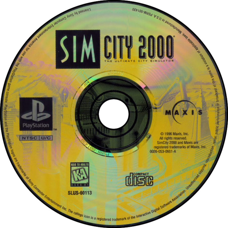 SimCity 2000 for PlayStation 1, disc for a city-building simulation video game with urban planning, resource management, infrastructure development, and classic strategy gameplay