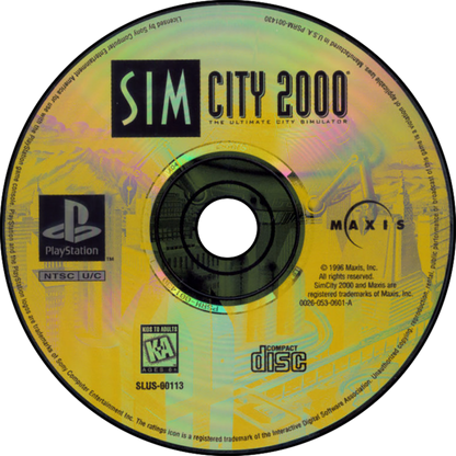 SimCity 2000 for PlayStation 1, disc for a city-building simulation video game with urban planning, resource management, infrastructure development, and classic strategy gameplay