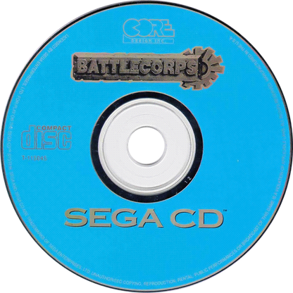 Battlecorps Sega CD side scrolling mech shooter sci fi action game giant robot combat military missions futuristic battlefield shooting platforming elements fast paced arcade gameplay Psygnosis retro gaming Sega CD software video game title disc
