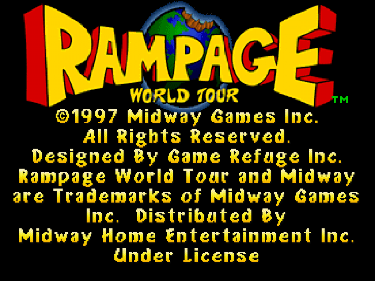 Rampage: World Tour title card for PlayStation 1 (PS1) arcade action video game
