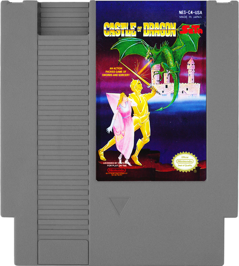 Castle of Dragon Nintendo Entertainment System NES video game featuring medieval action gameplay knight combat sword fighting castle exploration enemy battles challenging stages fantasy adventure and classic 8 bit gameplay retro video game collection collectible gaming appeal game cartridge