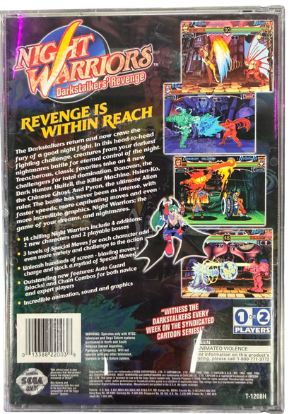 Night Warriors Darkstalkers Revenge Sega Saturn SS for fighting video game fans featuring supernatural characters fast paced arcade combat special moves combo attacks unique fighting styles colorful gothic environments multiplayer battles and classic Capcom arcade gameplay collectible retro Sega Saturn gaming appeal back cover art