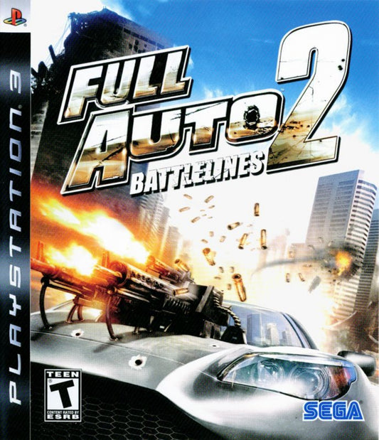 Full Auto 2 Battlelines PlayStation 3 video game featuring high speed vehicular combat destructible environments arcade racing action and explosive multiplayer gameplay cover art 