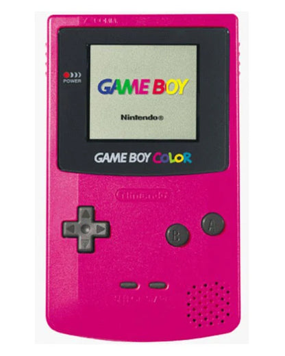 Berry Red Game Boy Color GBC Console handheld gaming system featuring vibrant berry red finish portable Nintendo gaming classic Game Boy Color hardware built-in controls cartridge game support colorful LCD display and collectible retro gaming appeal front of console turned on
