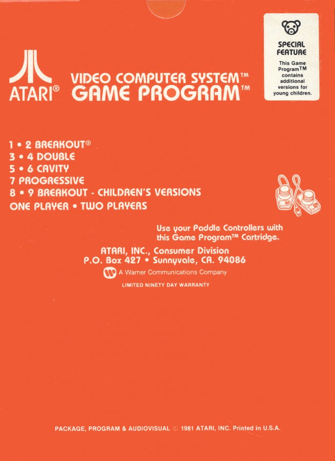 Super Breakout retro Atari 2600 video game featuring arcade brick breaker gameplay, paddle ball action, multiplayer challenges and classic Atari entertainment - back of case
