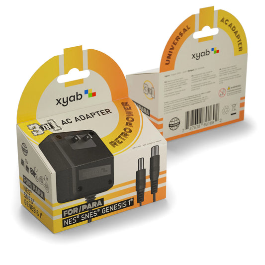 XYAB brand 3-in-1 power adapter compatible with Sega Genesis, Nintendo NES, and Super Nintendo SNES consoles providing reliable AC power