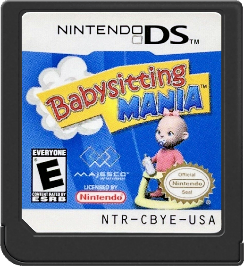 Babysitting Mania Nintendo DS DS video game featuring family simulation gameplay babysitting challenges childcare responsibilities multiple children character interactions feeding babies changing diapers preparing meals playtime activities cleaning tasks household management time management mini games and colorful family friendly environments classic Nintendo DS handheld simulation gaming retro video game collection collectible gaming appeal game cartridge