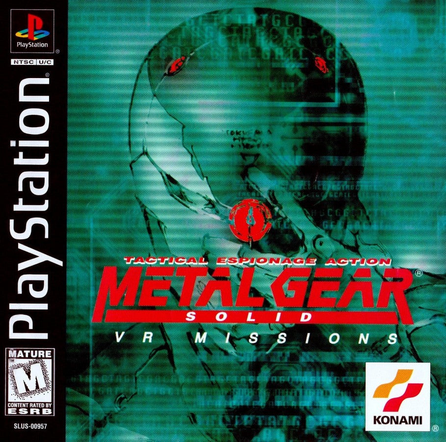Metal Gear Solid VR Missions Sony PlayStation PS1 video game featuring tactical stealth gameplay Solid Snake virtual reality training missions weapon challenges enemy encounters stealth exercises combat scenarios target practice and classic 32 bit PlayStation gameplay retro video game collection collectible gaming appeal front cover art