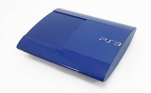 PlayStation 3 PS3 Super Slim System 250GB Azurite Blue console for video game enthusiasts featuring original Sony gaming hardware unique blue finish compact Super Slim design built in Blu ray disc player wireless connectivity HDMI output PlayStation 3 game compatibility digital media features collectible console gaming appeal front view