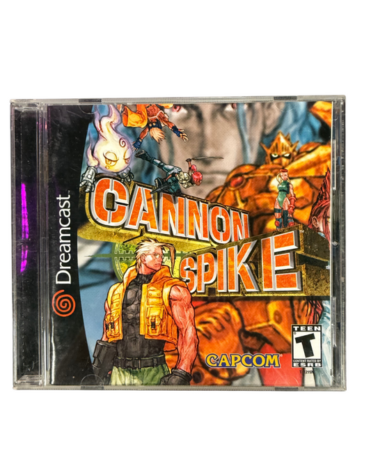 Cannon Spike Sega Dreamcast for action shooter video game fans featuring fast paced arena combat arcade style gameplay twin stick shooting iconic Capcom characters cooperative multiplayer intense boss battles futuristic sci fi action colorful graphics collectible gaming appeal cover art