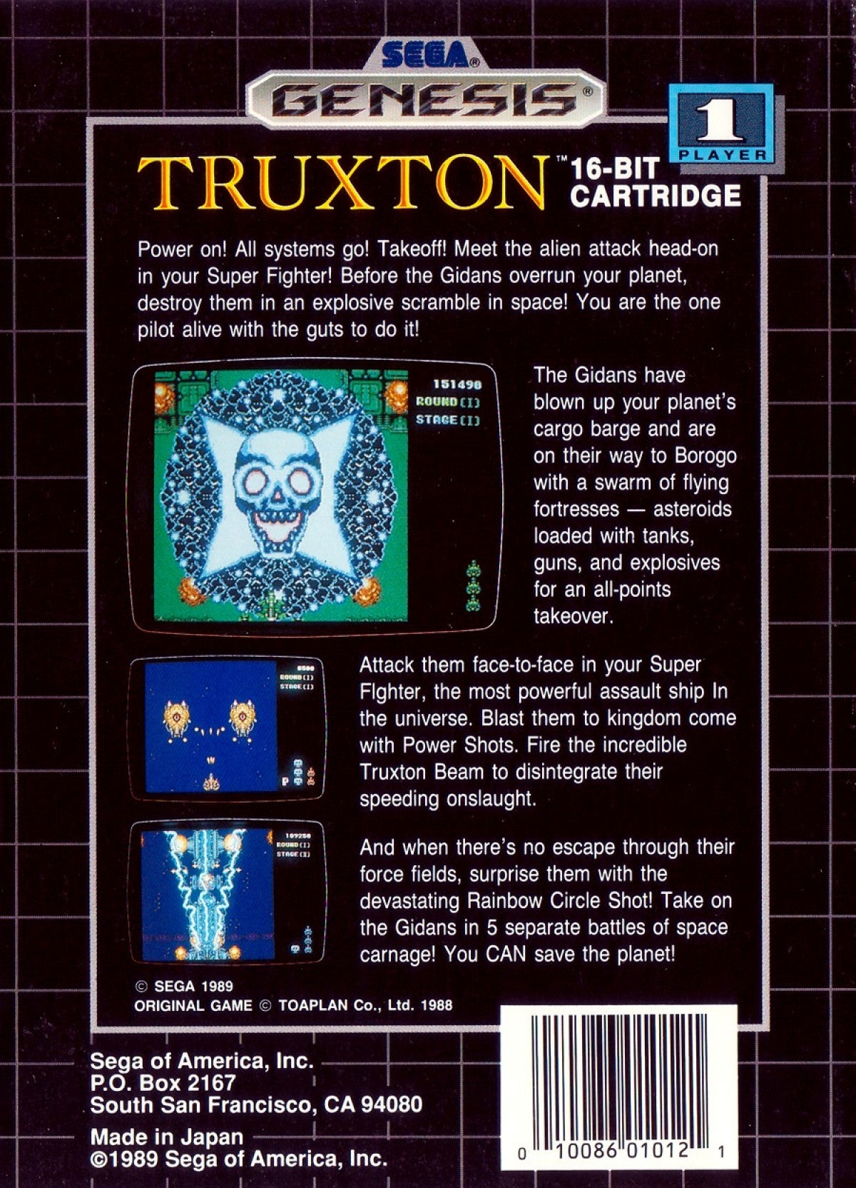 Truxton Sega Genesis GEN video game featuring vertical scrolling shoot em up gameplay spaceship combat enemy waves power ups intense boss battles challenging stages rapid fire action and classic 16 bit Sega gameplay retro video game collection collectible gaming appeal back cover art