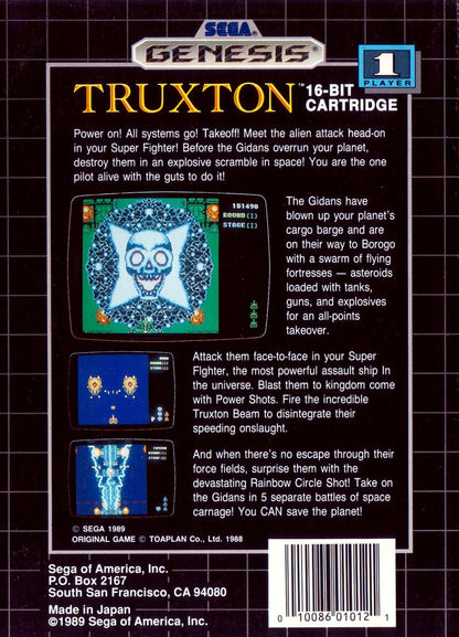 Truxton Sega Genesis GEN video game featuring vertical scrolling shoot em up gameplay spaceship combat enemy waves power ups intense boss battles challenging stages rapid fire action and classic 16 bit Sega gameplay retro video game collection collectible gaming appeal back cover art