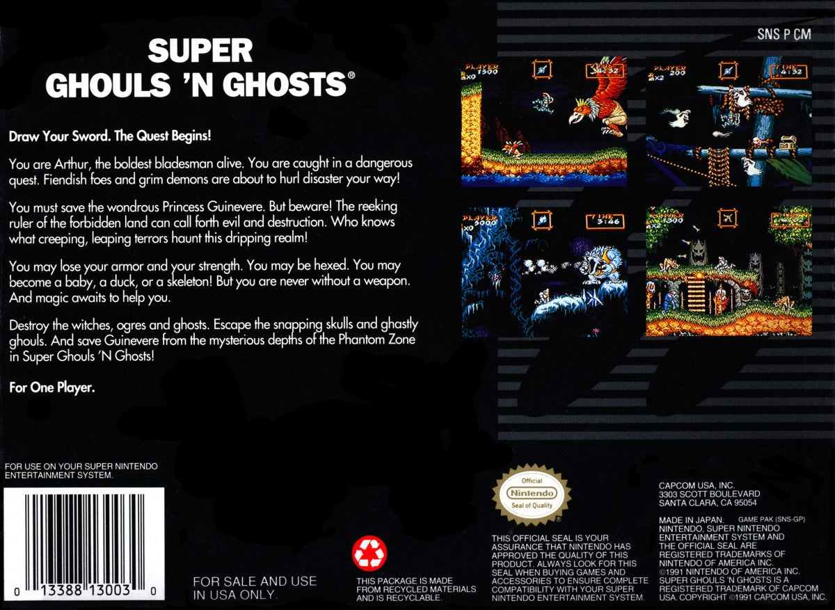 Retro Super Ghouls n Ghosts SNES inspired design featuring classic side scrolling action platformer aesthetic dark fantasy monsters medieval knight armor challenging arcade gameplay gothic horror atmosphere nostalgic Super Nintendo presentation box back