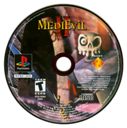 MediEvil 2 PlayStation PS1 for action adventure video game fans featuring Sir Daniel Fortesque gothic environments hack and slash combat puzzle solving undead enemies weapons exploration humorous storytelling challenging bosses and classic retro PlayStation gaming collectible appeal disc
