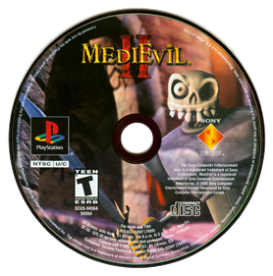MediEvil 2 PlayStation PS1 for action adventure video game fans featuring Sir Daniel Fortesque gothic environments hack and slash combat puzzle solving undead enemies weapons exploration humorous storytelling challenging bosses and classic retro PlayStation gaming collectible appeal disc