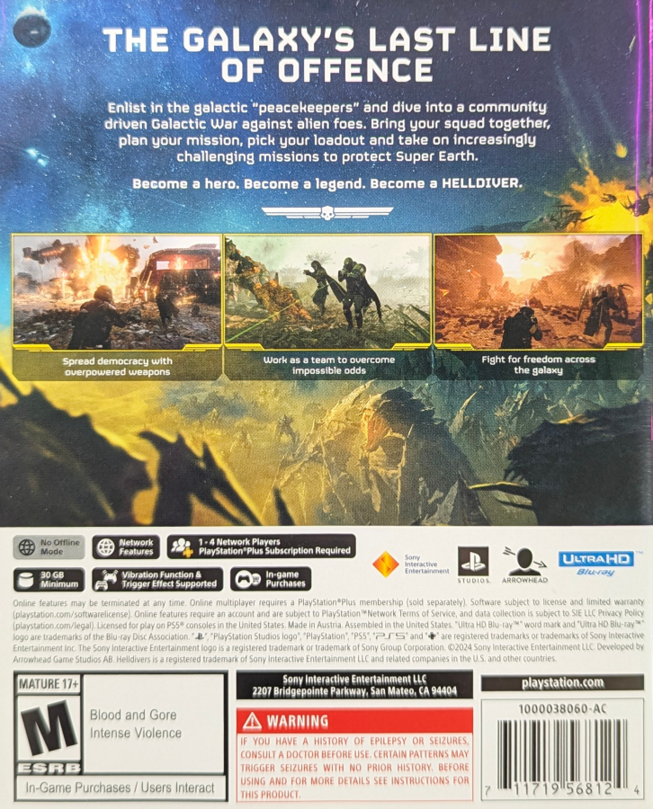 Helldivers II for PlayStation 5 (PS5) at Gamers INC, featuring intense squad-based third-person shooter action where you join the elite Helldivers to spread managed democracy across the galaxy, with chaotic co-op combat, devastating orbital strikes, and a constantly evolving galactic war that reacts to every mission you complete back cover