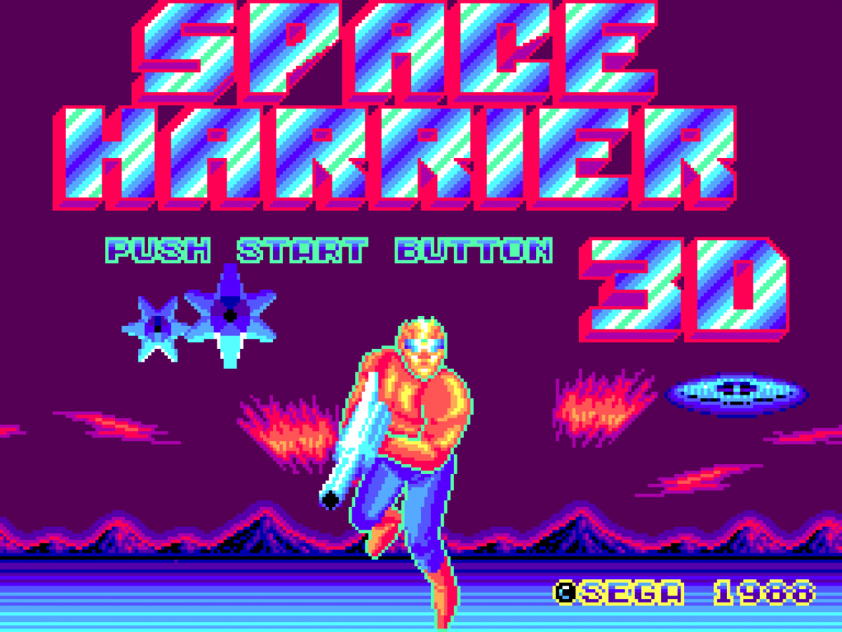 Space Harrier 3D Sega Master System SMS for arcade rail shooter video game fans featuring fast paced 3D action futuristic environments flying combat enemy creatures powerful weapons challenging stages boss battles and classic Sega Master System gameplay collectible retro gaming appeal gameplay
