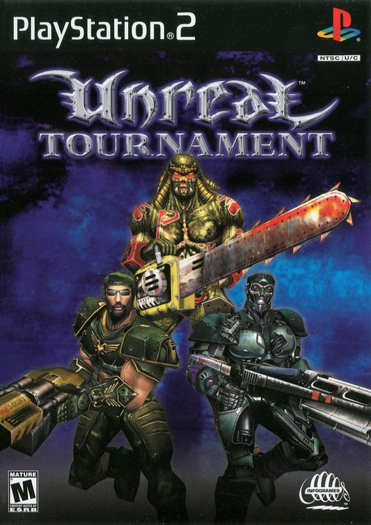 Unreal Tournament PlayStation 2 PS2 for first person shooter video game fans featuring fast paced arena combat futuristic weapons intense multiplayer battles single player tournament mode competitive gameplay sci fi environments classic FPS action collectible gaming appeal front cover