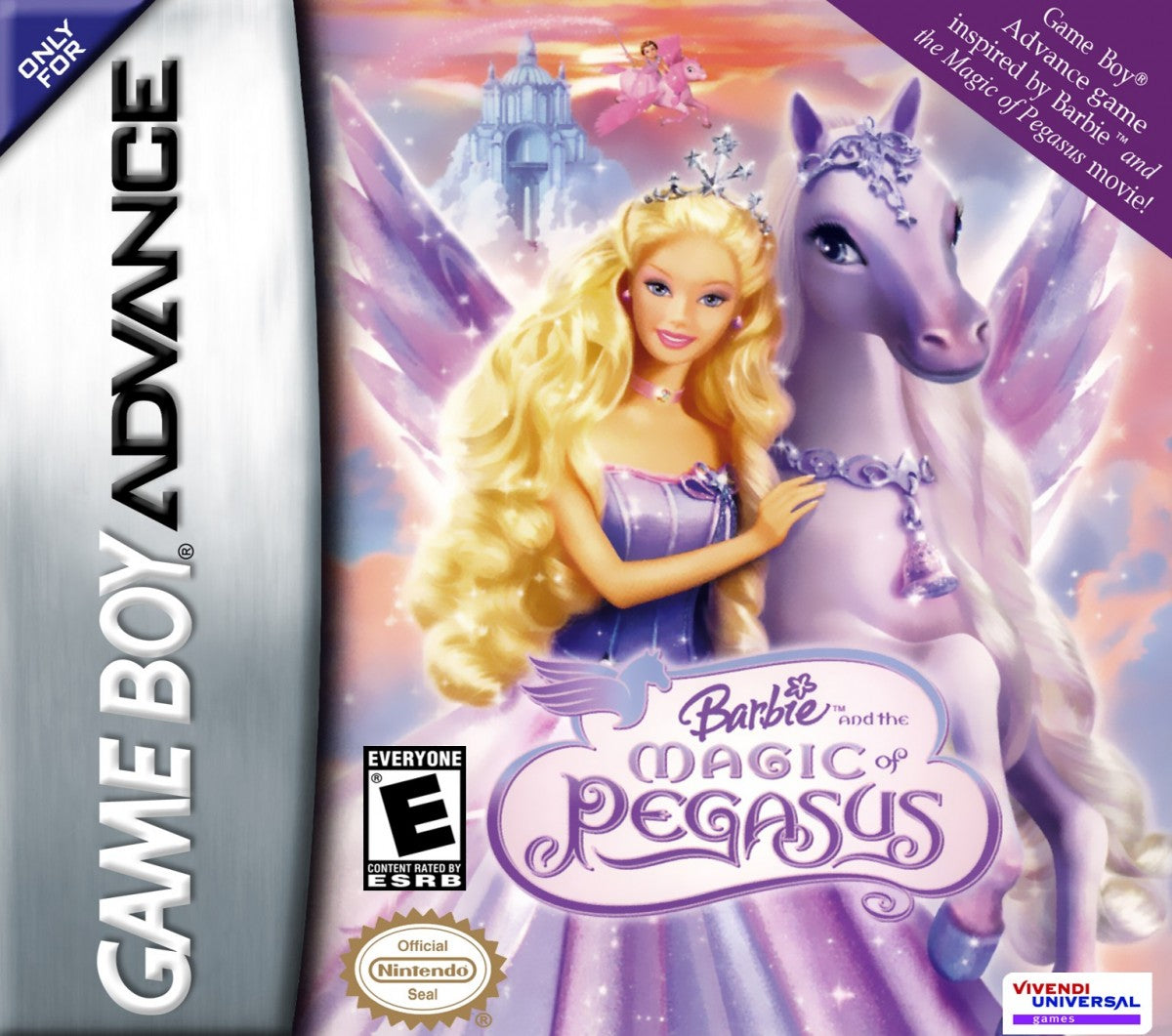 Barbie and the Magic of Pegasus for Game Boy Advance (GBA), cover image for a retro video game featuring fantasy adventure gameplay, horse riding challenges, puzzle-solving, magical environments, and movie-inspired action