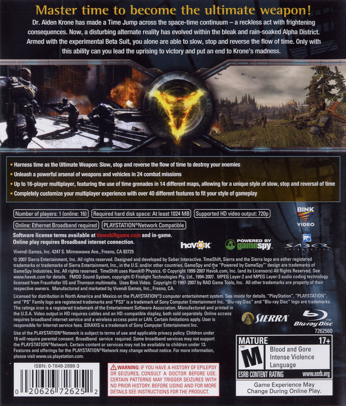 TimeShift PlayStation 3 PS3 retro video game first person shooter featuring time manipulation abilities futuristic combat challenging missions strategic action gameplay enemies and environments classic PS3 gaming experience collectible game collection appeal back cover art
