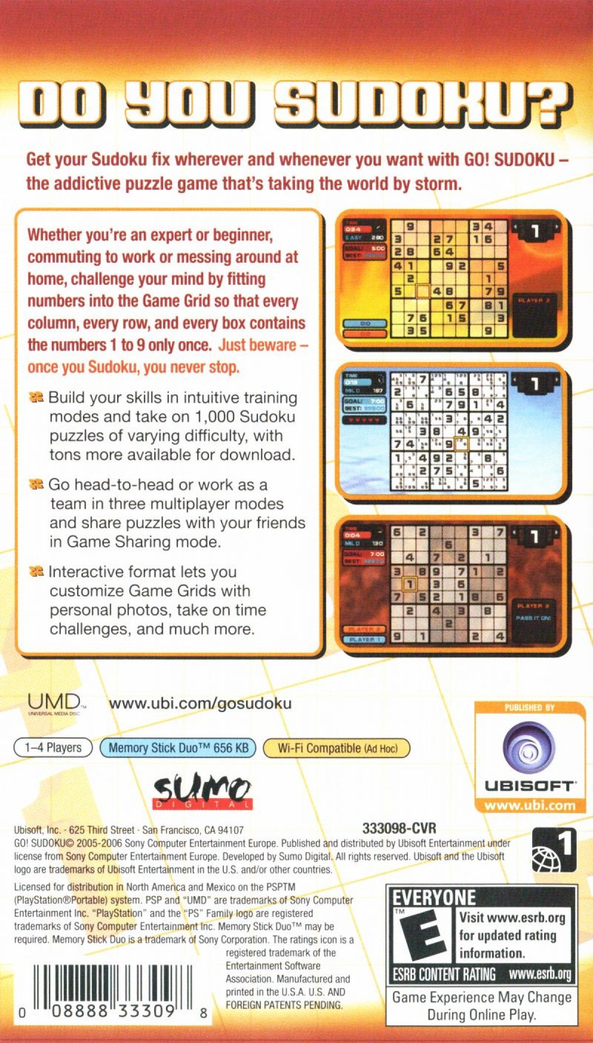 Go! Sudoku PlayStation Portable PSP for retro video game enthusiasts featuring classic puzzle gameplay number placement challenges brain training mechanics multiple difficulty levels portable handheld puzzle solving entertainment and collectible gaming appeal back cover art