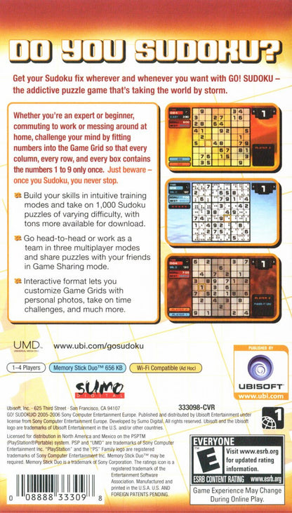 Go! Sudoku PlayStation Portable PSP for retro video game enthusiasts featuring classic puzzle gameplay number placement challenges brain training mechanics multiple difficulty levels portable handheld puzzle solving entertainment and collectible gaming appeal back cover art