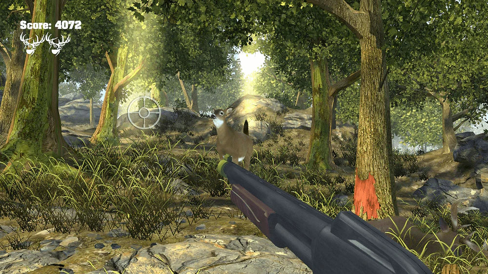 Big Buck Hunter Pro Wii inspired design featuring arcade hunting simulation aesthetic outdoor wilderness environments motion controlled shooting gameplay competitive score chasing wildlife tracking action family friendly sports entertainment nostalgic Nintendo Wii presentation gameplay